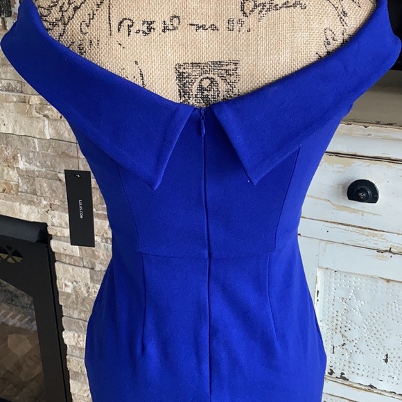Lulu’s Classic Glam blue off-the-shoulder zip back leg slit body con dress - Picture 11 of 16